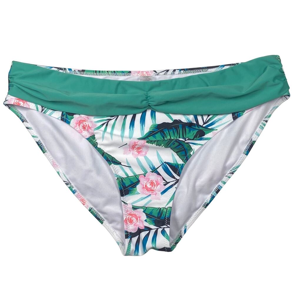 Swimsuit Bottoms Womens Size XXL 2X Floral Print High Waist Green Band